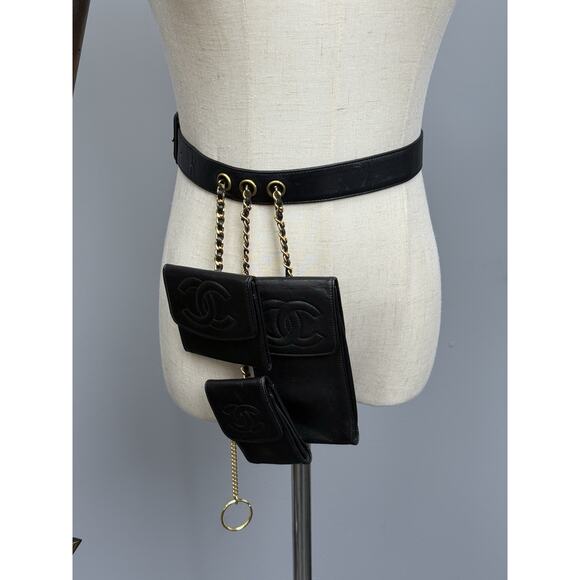 Chanel Vintage 1990 Waist Belt Multi Pouch Black Leather - Picture 1 of 13